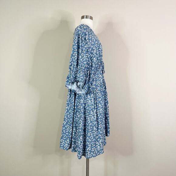 Torrid | Floral Powder Blue White Button V Neck Bell Puff Sleeve Mini Dress 16 - Picture 6 of 11